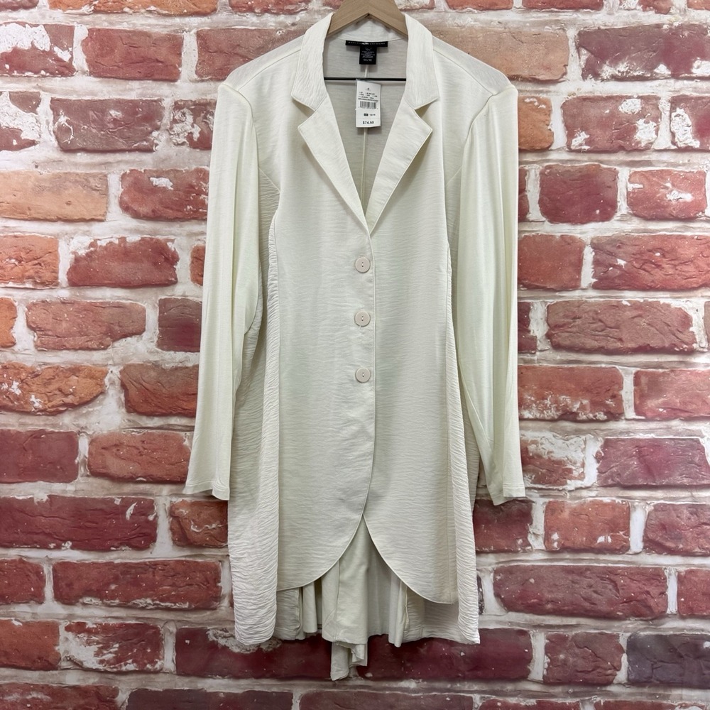 Ashley Stewart Tunic Shirt Womens 14/16 White Mix Media Stretchy Back Duster Top